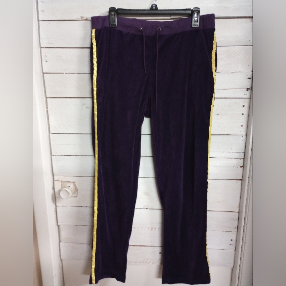 HanTon Womens Size XL Purple Yellow Trim Velour Velvet Pants Y2K.